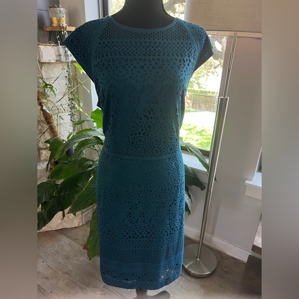 Antonio Melani Elegant Teal Lace Dress with laser cutouts and cap sleeves